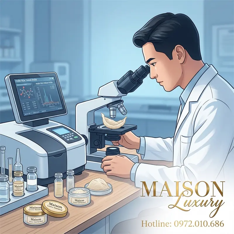 Chuyên gia Maison Luxury kiểm định tổ yến bằng thiết bị hiện đại, đảm bảo đạt tiêu chuẩn vàng.
