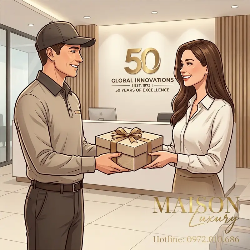 Nhân viên chuyên nghiệp trao quà kỷ niệm tận tay khách hàng.