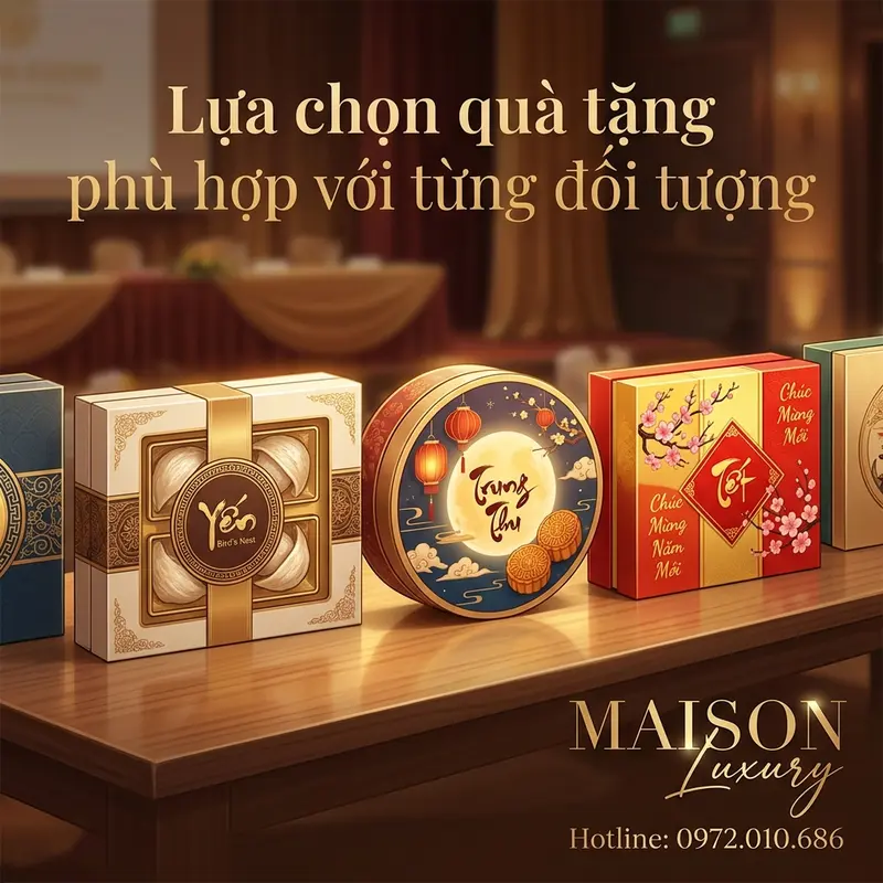 Các món quà tặng đa dạng phù hợp với từng đối tượng, từ set quà Yến đến bánh Trung Thu và quà Tết.