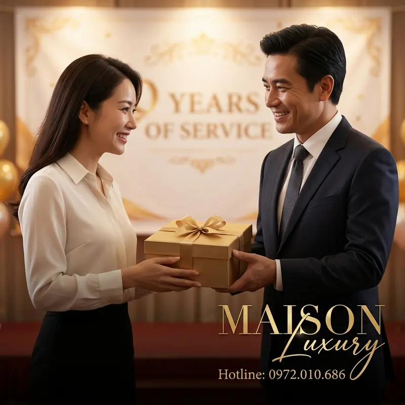 Giám đốc trao quà tri ân nhân viên trong buổi lễ kỷ niệm thâm niên.