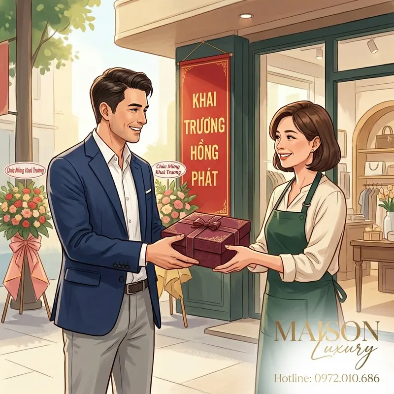Trao quà khai trương hợp phong thủy với nụ cười thân thiện.