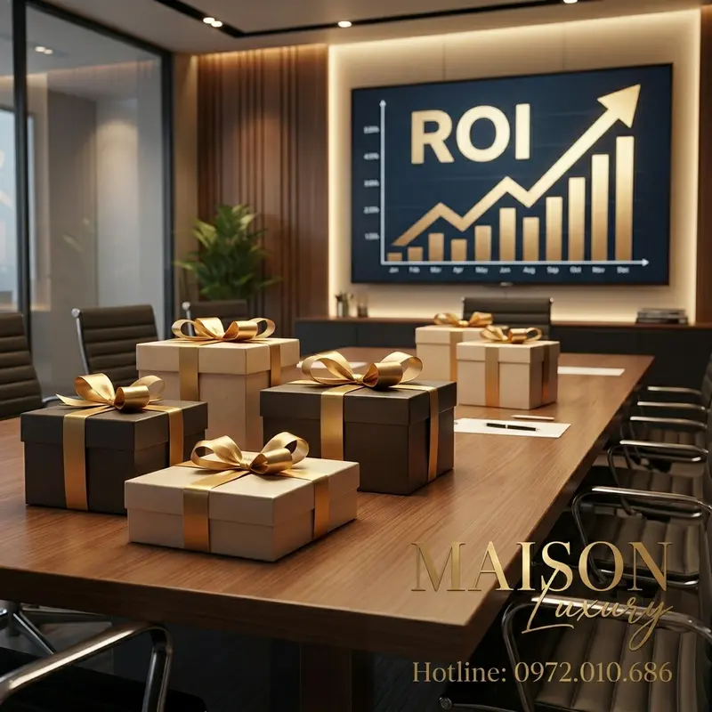 Hộp quà sự kiện cao cấp kết hợp biểu đồ ROI minh họa hiệu quả đầu tư.