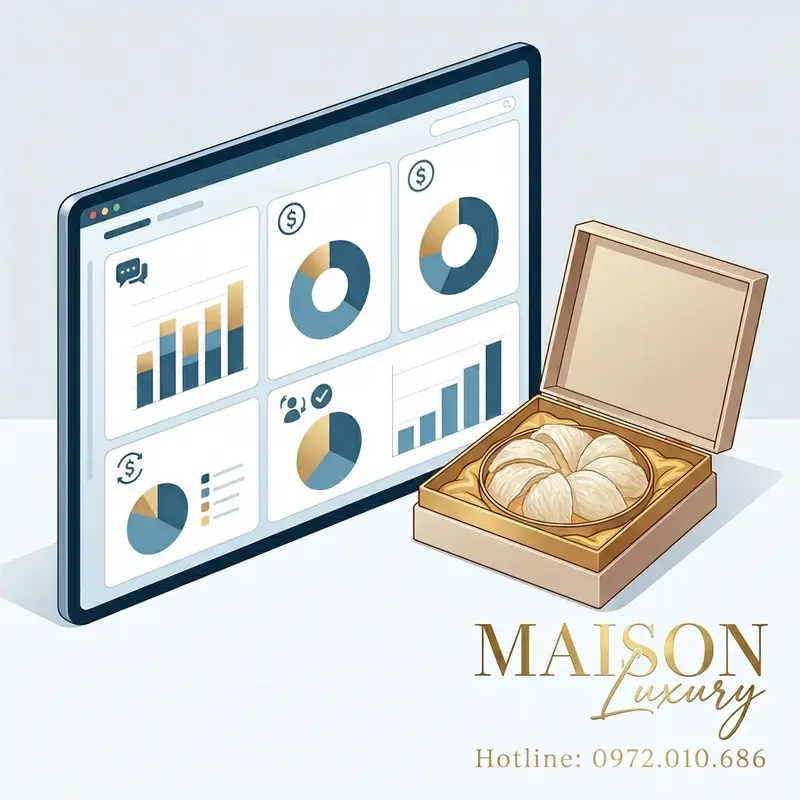 Dashboard hiển thị các KPI đo lường hiệu quả quà tặng cùng hộp quà yến cao cấp.