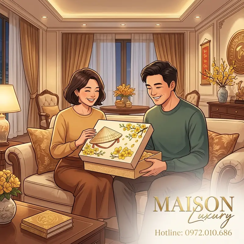 Đối tác vui vẻ mở quà tặng hình nón lá và hoa mai, biểu tượng Tết Việt Nam.