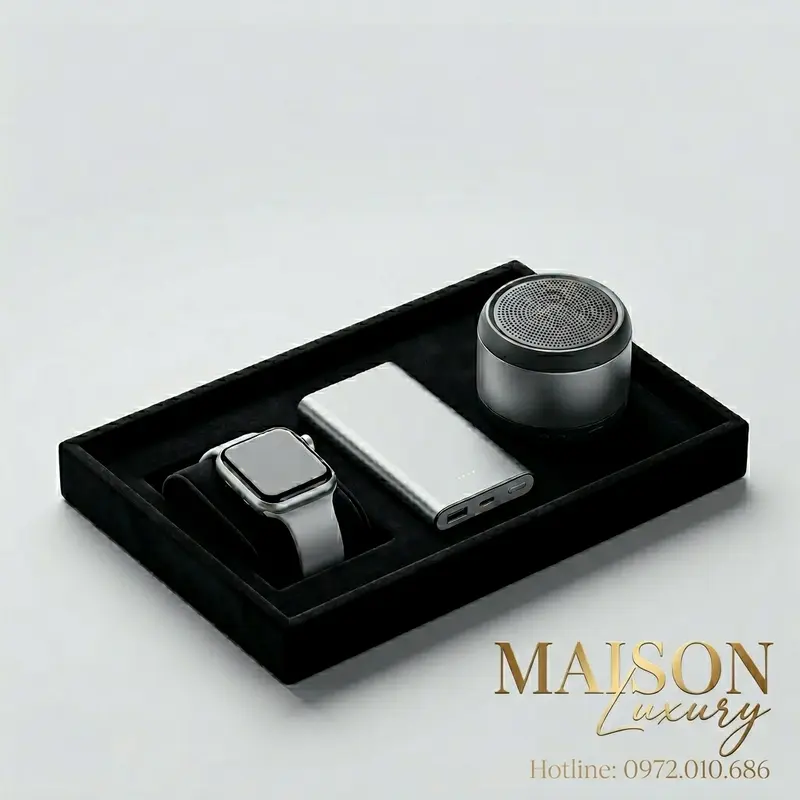 Bộ quà tặng công nghệ cao cấp gồm đồng hồ thông minh, sạc dự phòng và loa bluetooth.