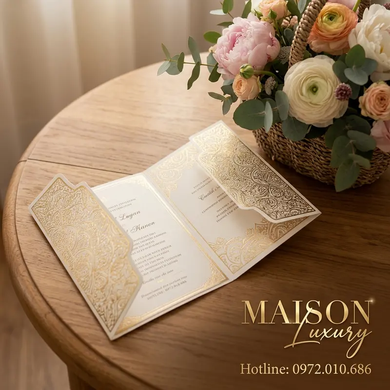 Thiệp mời được thiết kế riêng với họa tiết vàng nhũ, thể hiện sự đẳng cấp.