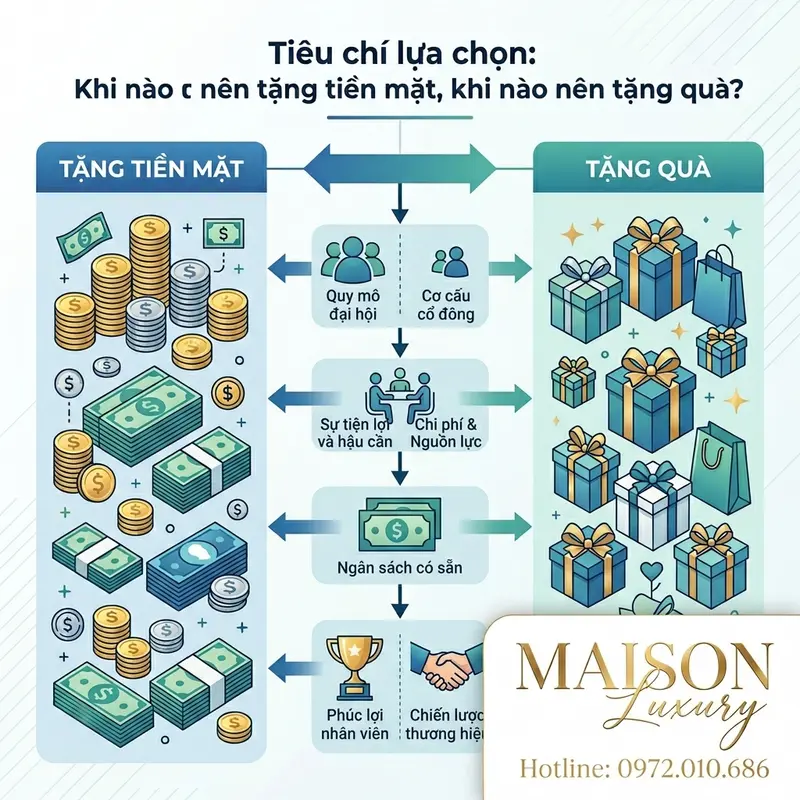 Sơ đồ tiêu chí lựa chọn giữa tiền mặt và quà tặng hiện vật.
