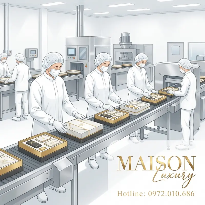 Sản xuất và đóng gói quà tặng thực phẩm theo tiêu chuẩn chất lượng.