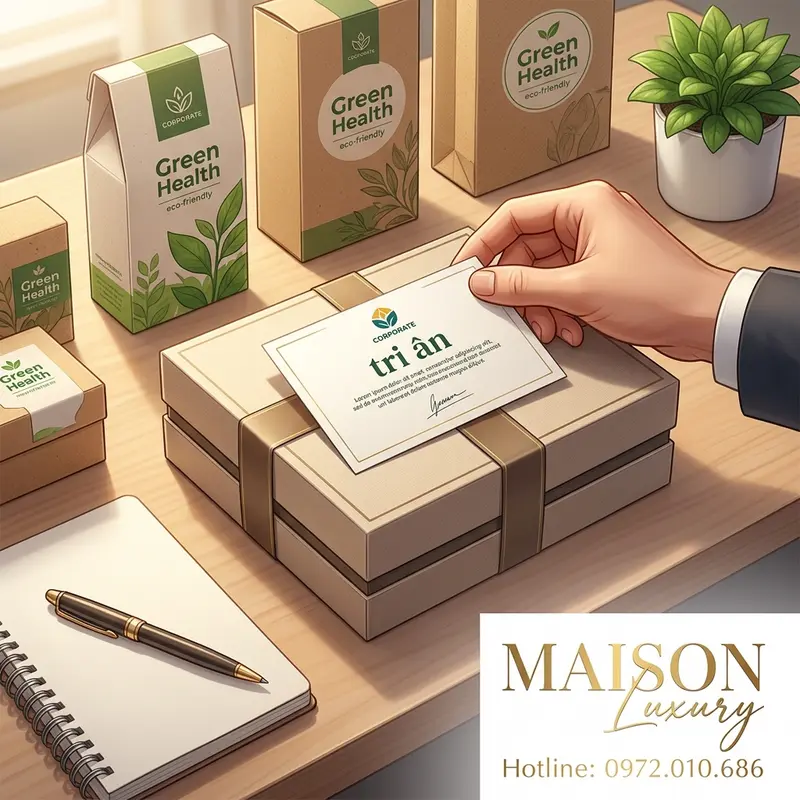 Quá trình cá nhân hóa quà tặng sức khỏe xanh với thiệp tri ân và logo doanh nghiệp