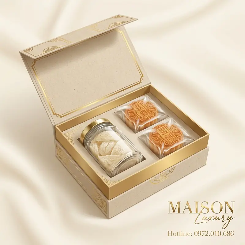 Hộp quà sang trọng gồm yến sào và bánh Trung Thu – gợi ý quà tặng kỷ niệm 2026 từ Maison Luxury.