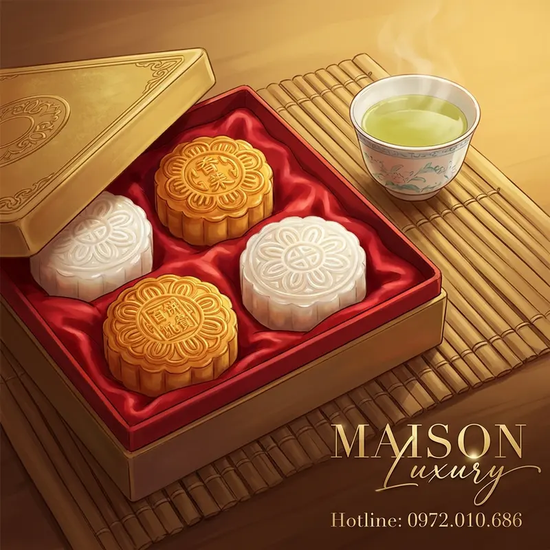 Bộ bánh Trung Thu thượng hạng với hộp lụa đỏ, kèm tách trà xanh