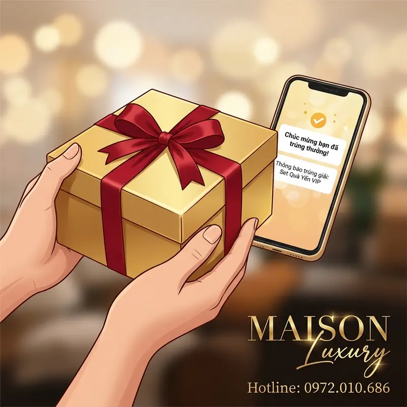 Hai tay cầm hộp quà yến VIP buộc ruy băng đỏ, điện thoại hiển thị thông báo trúng thưởng.