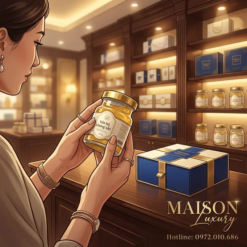 Người tiêu dùng kiểm tra nhãn mác trên hũ yến chưng sẵn tại cửa hàng Maison Luxury.
