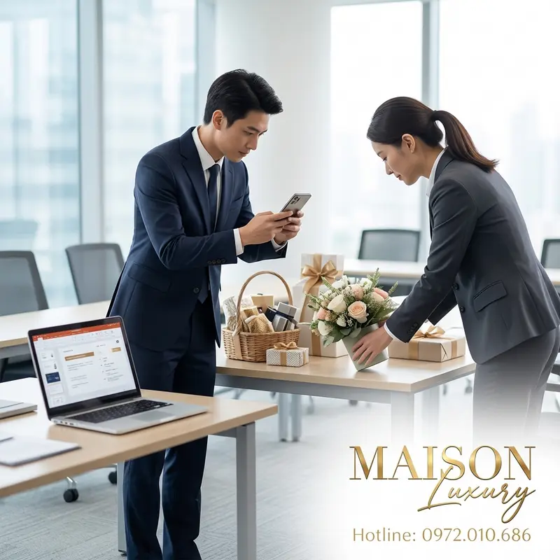 Nhân viên kiểm tra và điều chỉnh góc chụp, bố trí quà tặng trước khi sự kiện khai trương bắt đầu.