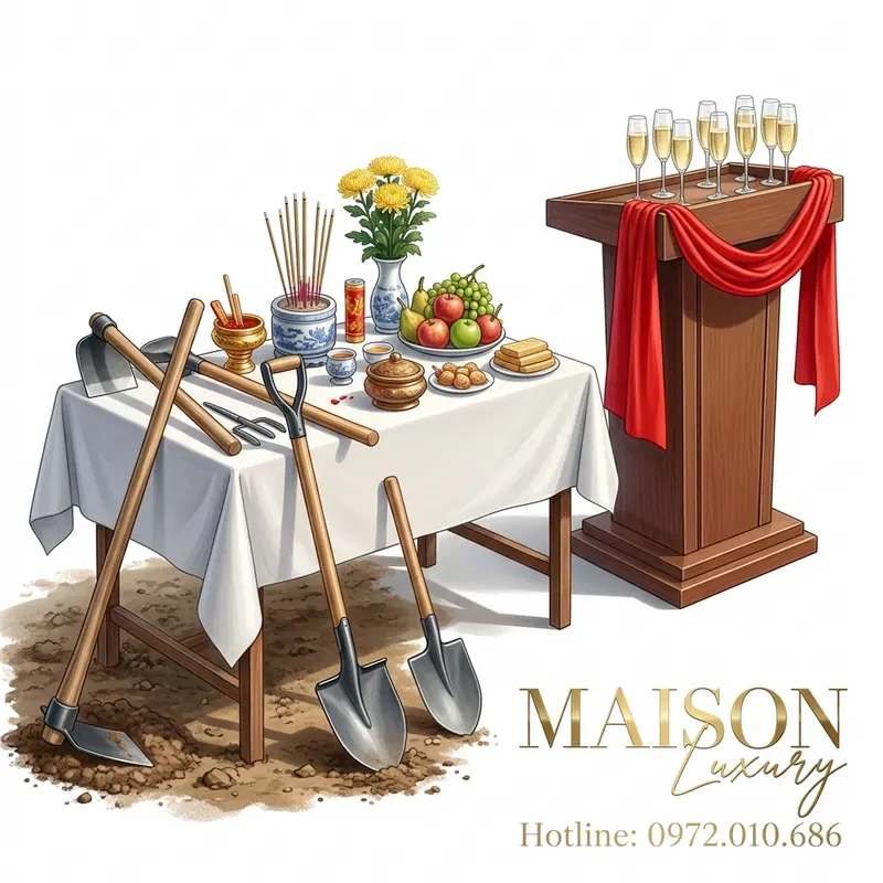 Lễ khởi công (trái) với vật phẩm cầu may, lễ khánh thành (phải) với biểu tượng thành công