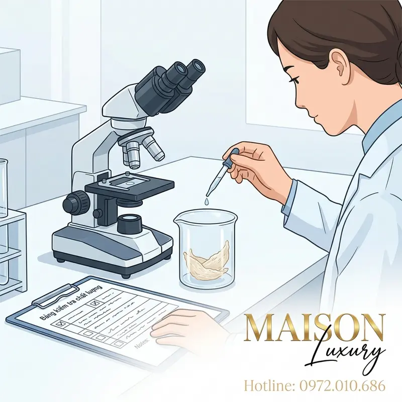 Kiểm tra mẫu yến sào bằng kính hiển vi giúp phát hiện tạp chất và đánh giá độ tinh khiết.