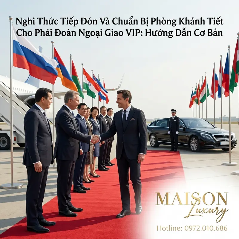 Lễ đón phái đoàn ngoại giao VIP tại sân bay với thảm đỏ và nghi thức bắt tay.