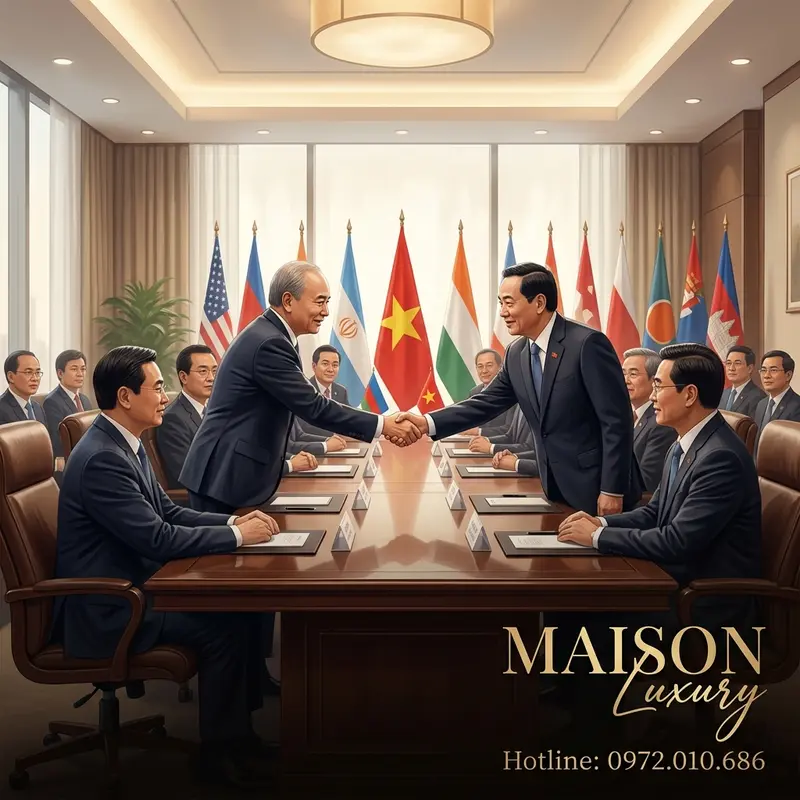 Quang cảnh cuộc gặp ngoại giao đang diễn ra với các đại biểu hai bên bàn đàm phán.