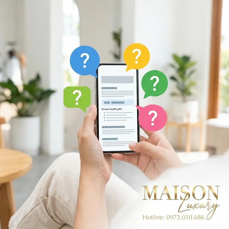 Người dùng tìm hiểu câu hỏi thường gặp về quà tặng bổ dưỡng Hàn Quốc trên điện thoại.