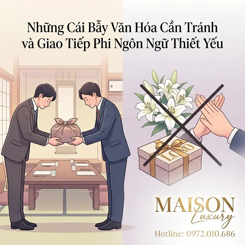 Hình ảnh so sánh giữa hành vi đúng chuẩn và những lỗi văn hóa cần tránh khi giao tiếp với doanh nhân Nhật.
