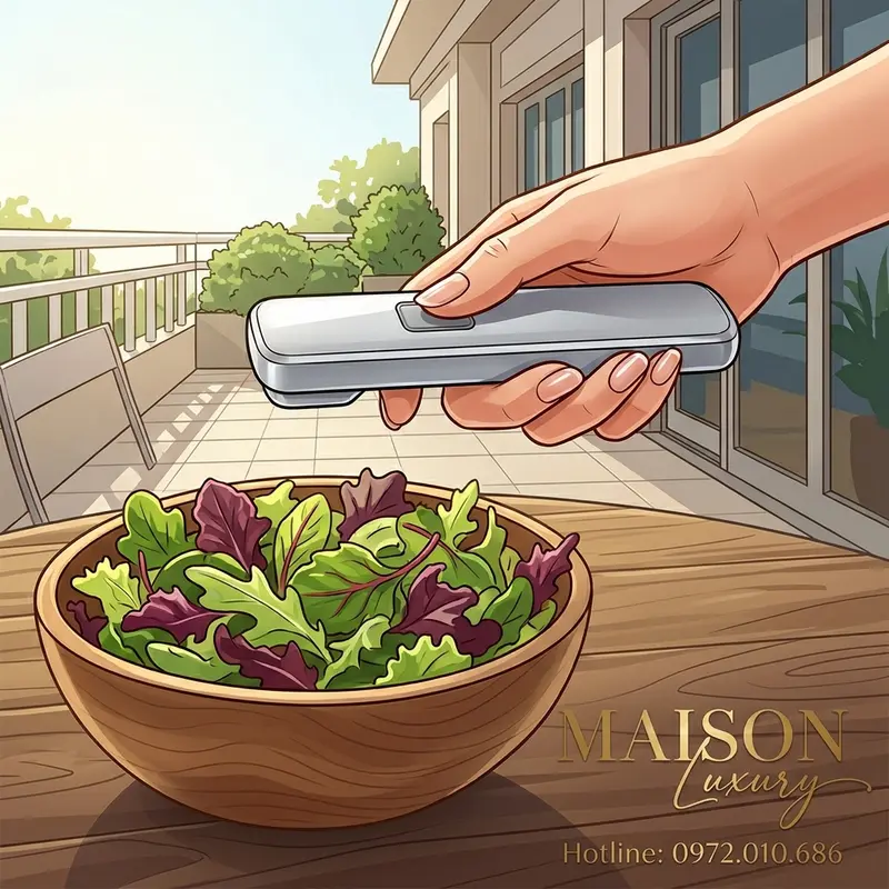 Bàn tay lịch lãm sử dụng máy quét thực phẩm cầm tay trên tô salad tươi mát.