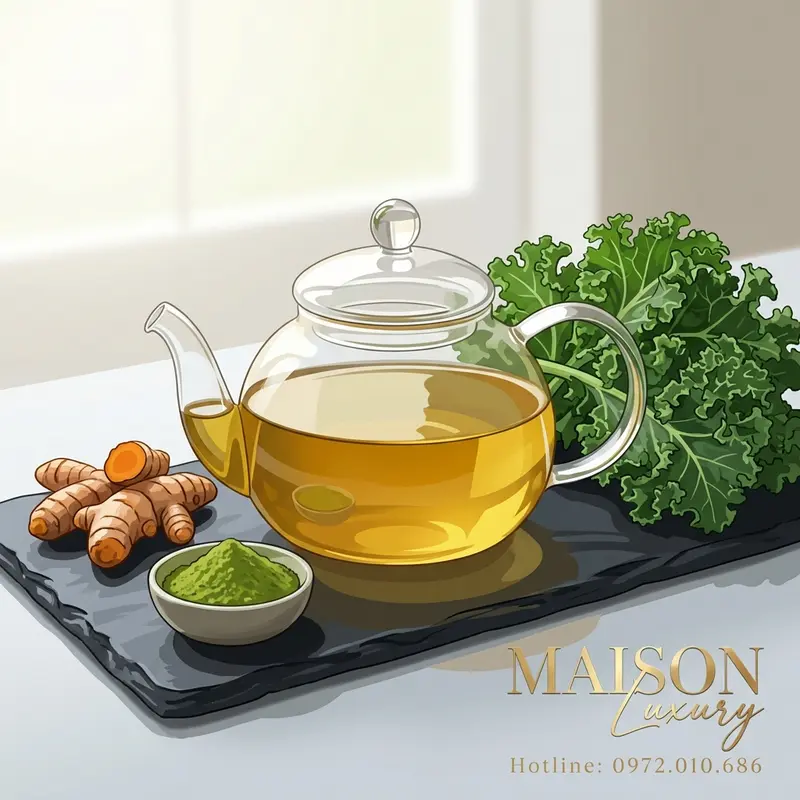 Bộ sưu tập nguyên liệu giải độc hữu cơ trên khay đá đen, gợi cảm hứng sống xanh.