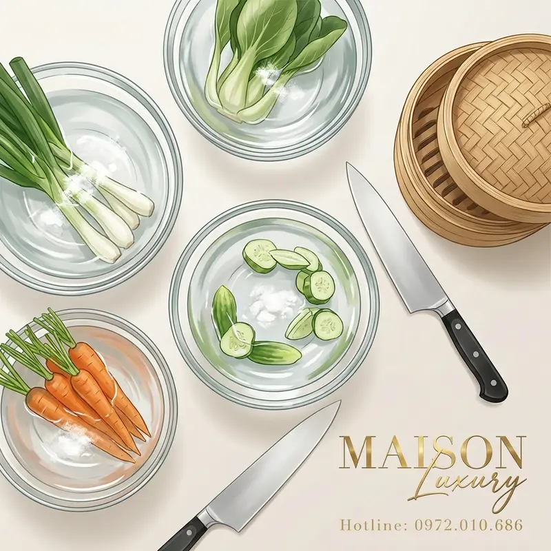 Không gian bếp hiện đại với các tô thủy tinh ngâm rau củ và dụng cụ hấp tre tinh tế.