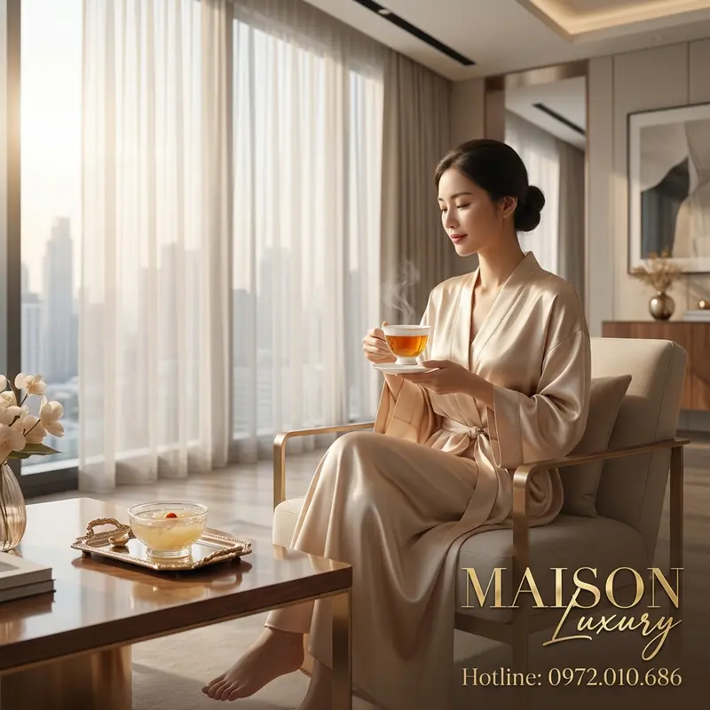 Nghi thức thưởng trà dinh dưỡng sản vật quý trong không gian sống thượng lưu.