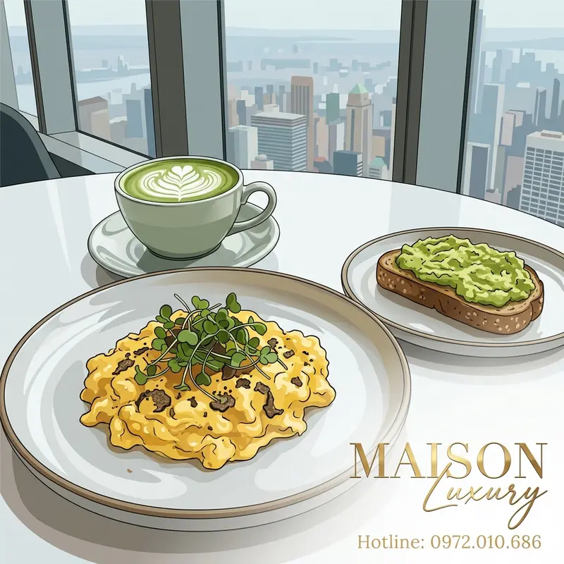Bữa sáng kết hợp trứng truffle giàu kẽm và matcha chứa L-theanine, khởi đầu ngày làm việc tỉnh táo.