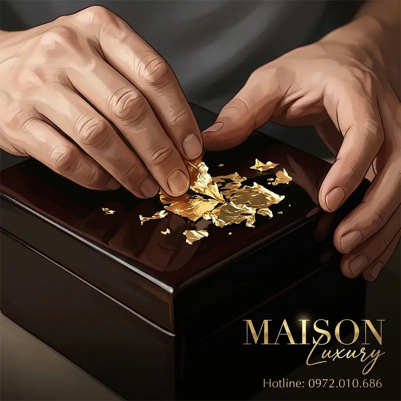 Nghệ nhân Maison Luxury dùng kỹ thuật thếp vàng thủ công trên nền gỗ sơn mài.