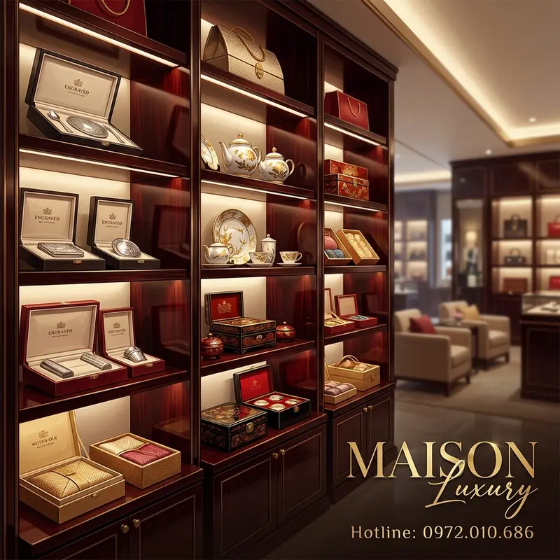 Bộ sưu tập quà tặng doanh nghiệp thủ công tại showroom cao cấp.