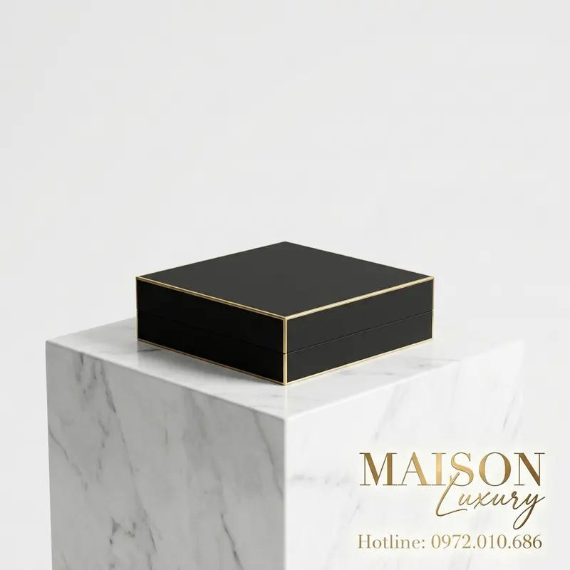 Hộp quà tối giản phối vàng tinh tế trên bệ đá cẩm thạch, biểu tượng của Minimalism Luxury thuần khiết.