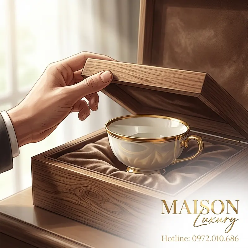 Kết cấu gỗ óc chó và lót nhung trong hộp quà Minimalism Luxury tạo ấn tượng xúc giác đỉnh cao.