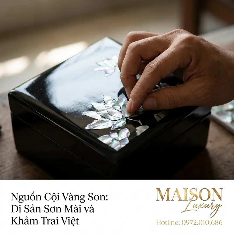 Nghệ nhân khảm trai trên hộp sơn mài.