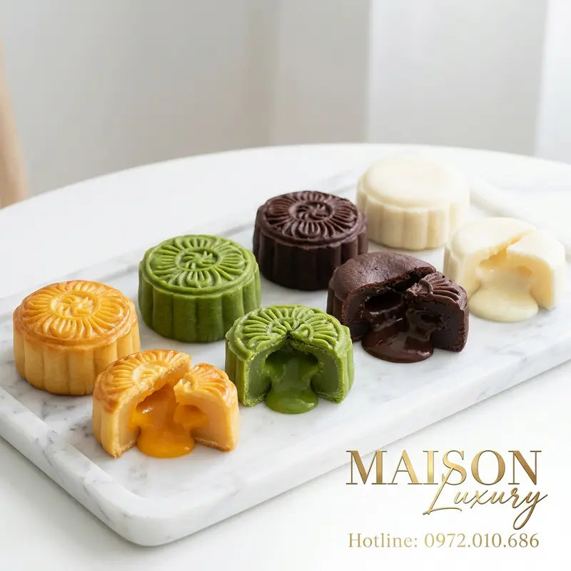 Bộ sưu tập bánh lưu sa nhiều hương vị: truyền thống, matcha, sô-cô-la và phô mai.