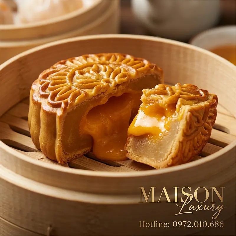 Bánh trung thu lưu sa với nhân trứng muối vàng óng đang tan chảy.