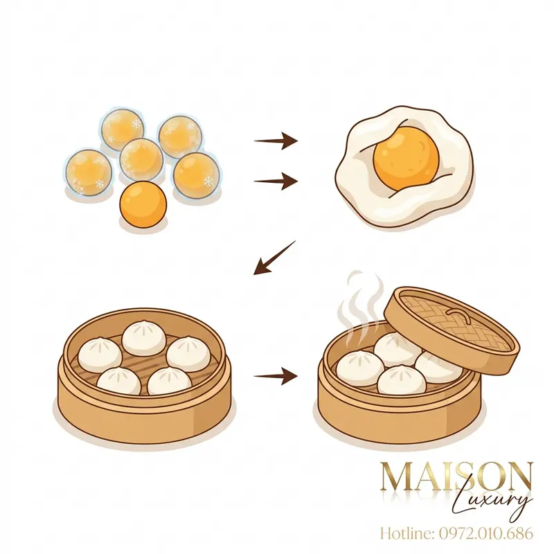 Quy trình làm bánh lưu sa từ viên nhân đông lạnh đến hấp chín.