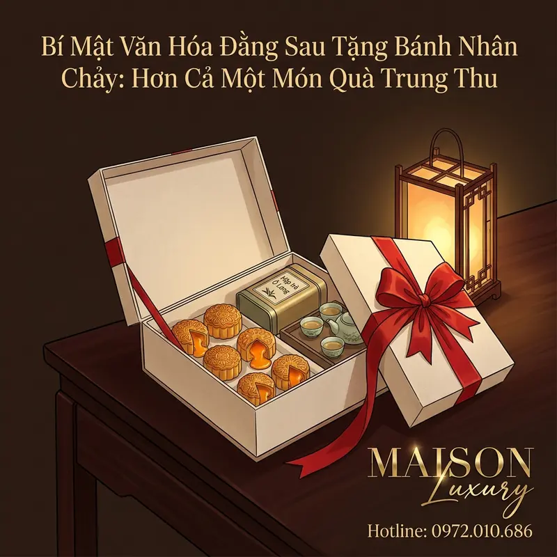 Hộp quà tặng bánh nhân chảy cao cấp kèm trà và phụ kiện.
