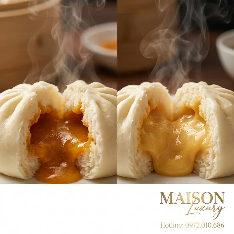 Bánh lưu sa Trung Quốc (trái) và Việt Nam (phải) – khác biệt độ mặn, ngọt.