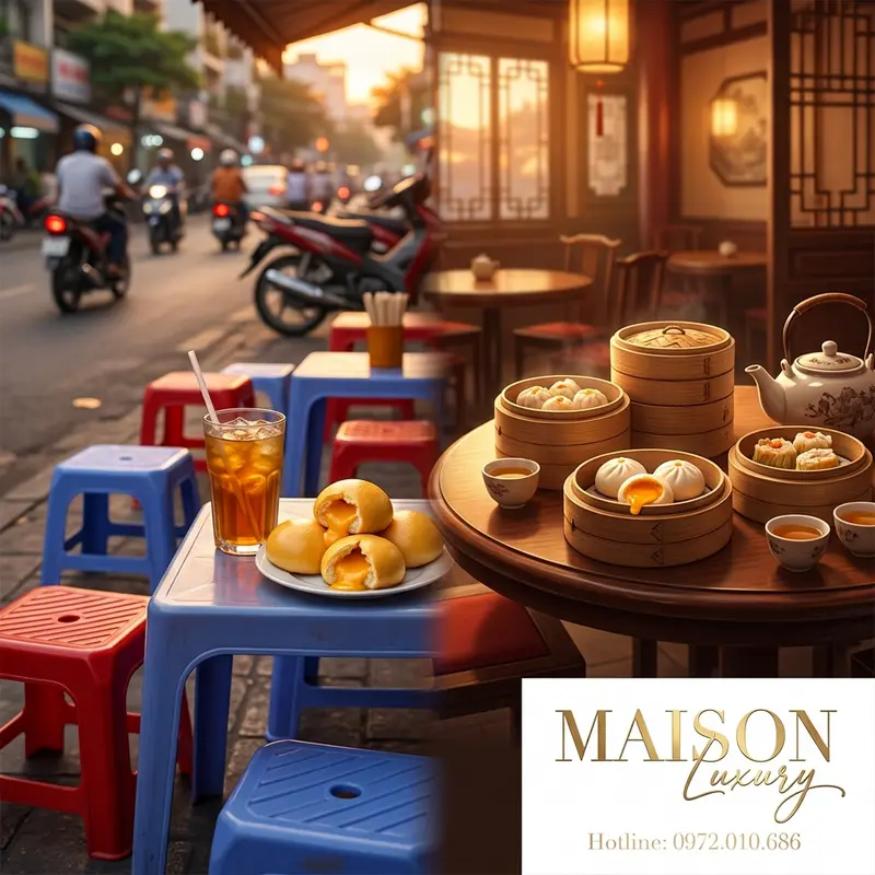 Bánh lưu sa trong bối cảnh đường phố Việt Nam và nhà hàng dim sum Trung Quốc.