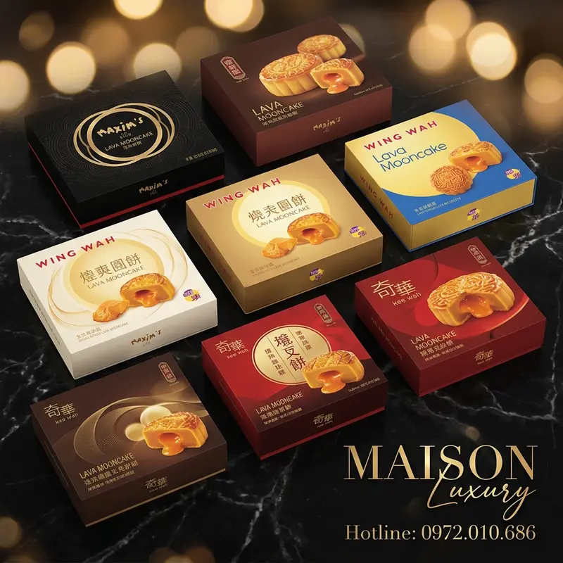 Bộ sưu tập bánh lưu sa từ các thương hiệu hàng đầu như Maxim's, Wing Wah và Kee Wah.