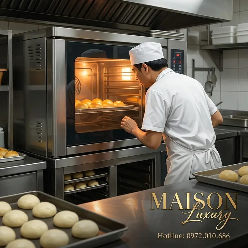 Thợ làm bánh Hồng Kông kiểm tra bánh lưu sa trong lò nướng đối lưu ở nhiệt độ chuẩn 200°C.