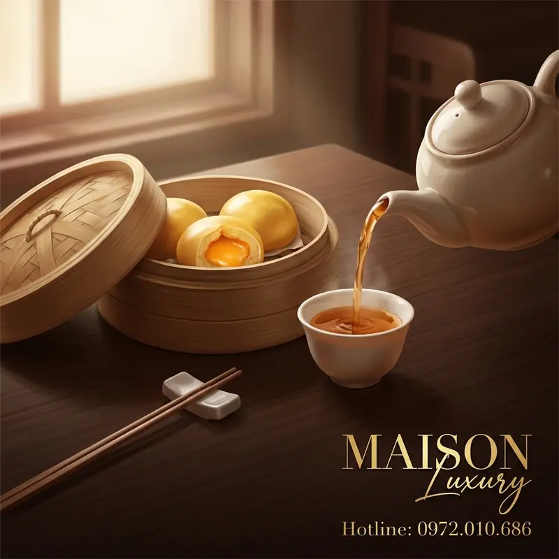Bàn trà sớm kiểu Hồng Kông với bánh lưu sa trong xửng tre và ấm trà Phổ Nhĩ nóng hổi.