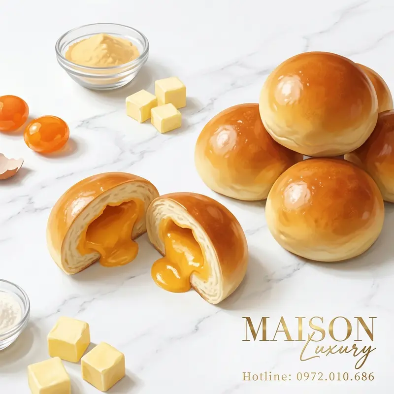 Bộ sưu tập bánh lưu sa Hồng Kông cùng nguyên liệu làm nhân custard trứng muối truyền thống.