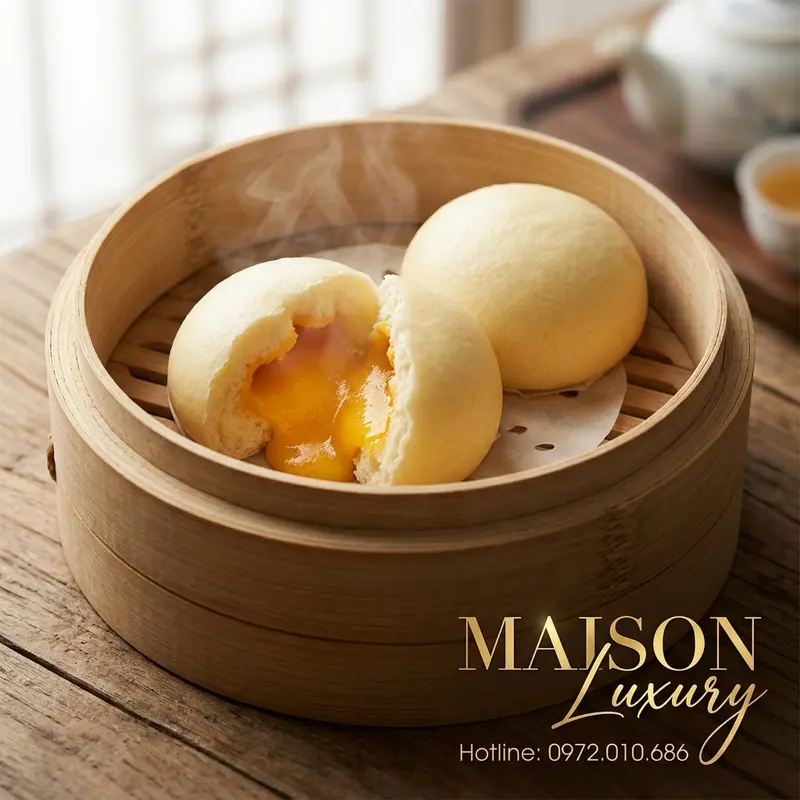 Bánh bao liu sha bao truyền thống với nhân chảy vàng óng.