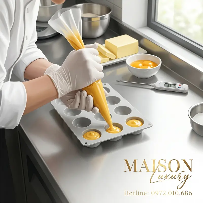 Quy trình tạo nhân tan chảy ứng dụng kỹ thuật pâtisserie phương Tây.