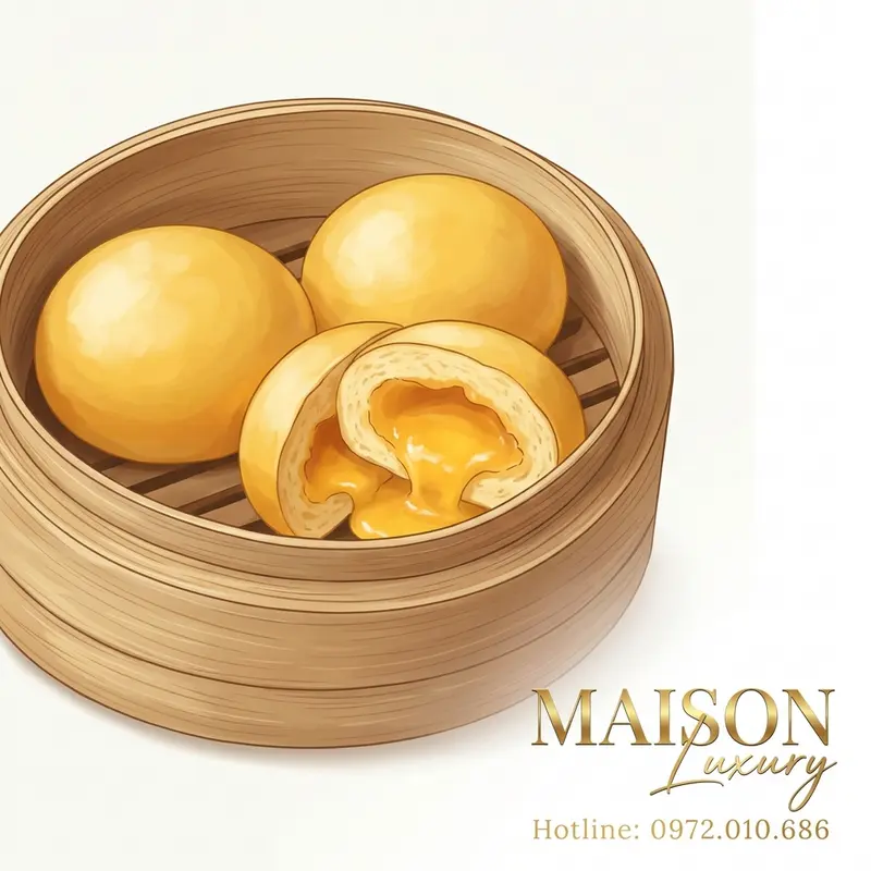 Bánh lưu sa trứng muối truyền thống trong xửng hấp tre.