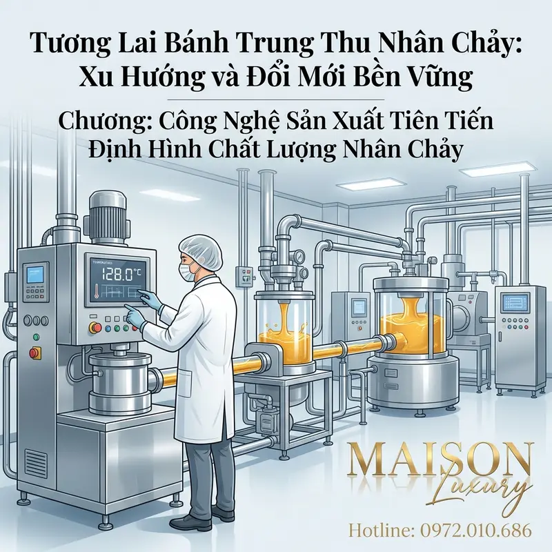 Dây chuyền sản xuất bánh trung thu nhân chảy hiện đại với công nghệ kiểm soát nhiệt độ chính xác.