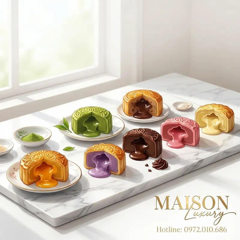 Bộ sưu tập bánh trung thu nhân chảy với đa dạng hương vị từ truyền thống đến hiện đại.