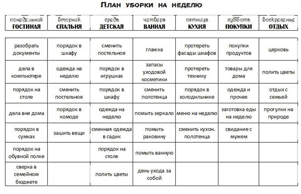 Заполненный лист контрольного журнала флай леди, пример 1